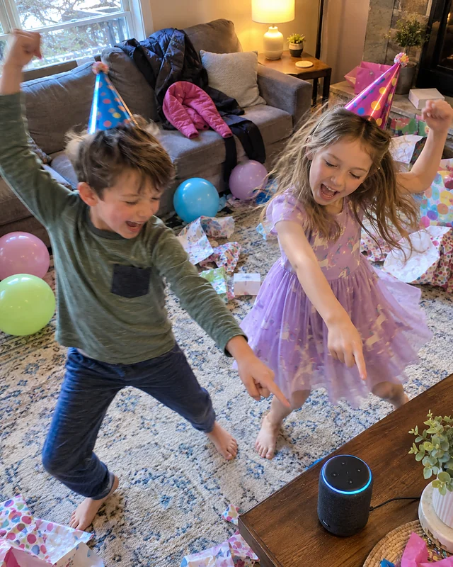 Seven-year-old twins, a boy and a girl in party hats, dance on a living room rug and point at a speaker while shouting along (AI photo, fictional people)