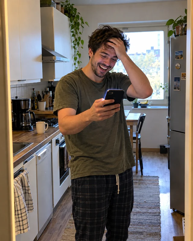 A man in his late twenties laughs in disbelief in his kitchen, one hand on his forehead, holding out his phone (AI photo, fictional person)