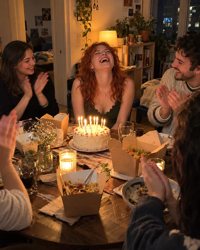 A young woman with red hair throws her head back laughing at her birthday dinner while friends around the table clap (AI photo, fictional people)