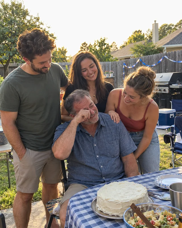 A man turning sixty wipes his eyes and smiles at a backyard barbecue while his three adult children stand around him (AI photo, fictional people)