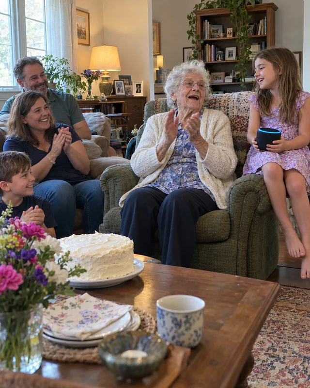 A ninety-year-old woman in a cardigan claps and sings in an armchair while her great-granddaughter holds a small speaker beside her (AI photo, fictional people)