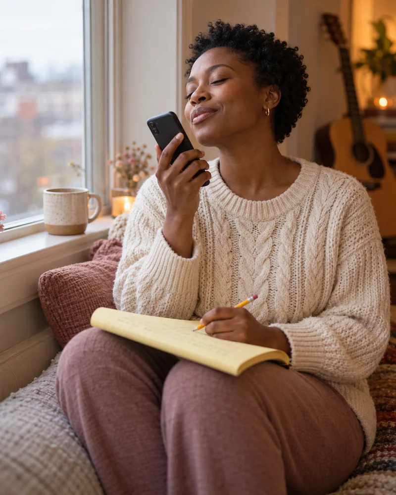 A woman on a window seat humming a tune into her phone with her eyes half closed, a yellow legal pad and pencil on her knees (AI photo, fictional person)