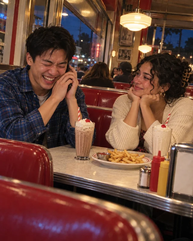 A young man in a blue flannel shirt laughs with his eyes shut, holding a phone to his ear in a red diner booth, while his girlfriend rests her chin on her hands and smiles at him across the table (AI photo, fictional people)