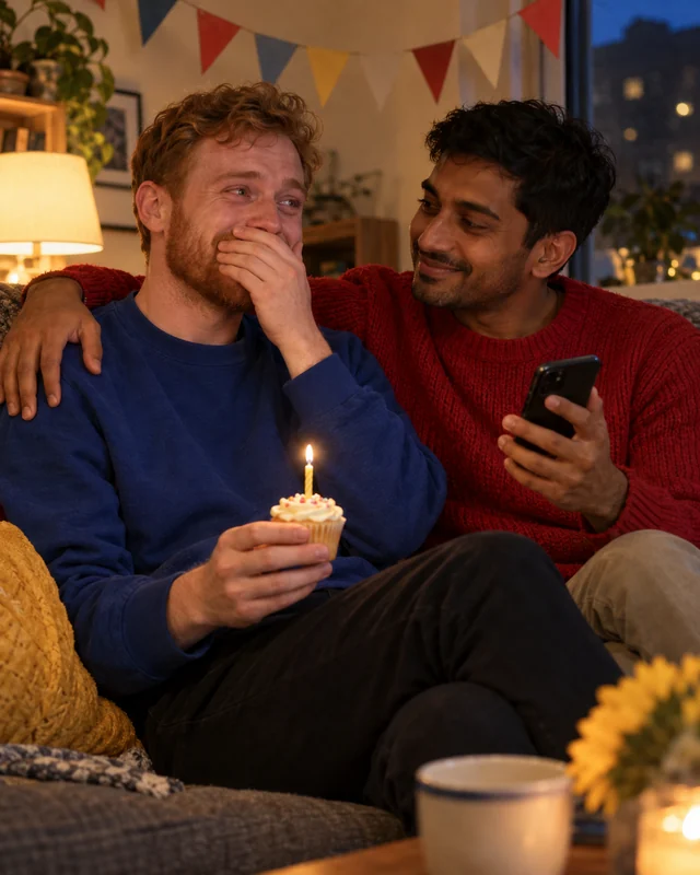 A man with a ginger beard covers his mouth and tears up on a couch, holding a cupcake with one candle, while his boyfriend in a red sweater keeps an arm around him and holds up a phone (AI photo, fictional people)