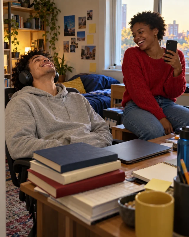 A young man in a gray hoodie leans back in his desk chair with headphones on, grinning at the ceiling next to a stack of textbooks, while his girlfriend in a red sweater sits on the desk and laughs (AI photo, fictional people)