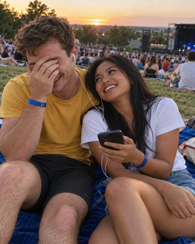 A young man in a yellow T-shirt hides his face behind his hand, laughing, as he shares earbuds with his girlfriend on a blue blanket at an outdoor concert at sunset (AI photo, fictional people)