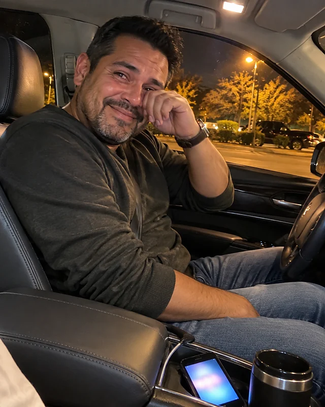 A man around forty in the driver's seat of a parked car at night wipes one eye and smiles, a phone glowing in the cupholder (AI photo, fictional person)