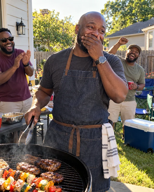 A man turning forty at a backyard grill holds tongs in one hand and covers his mouth with the other, laughing while two friends cheer behind him (AI photo, fictional people)