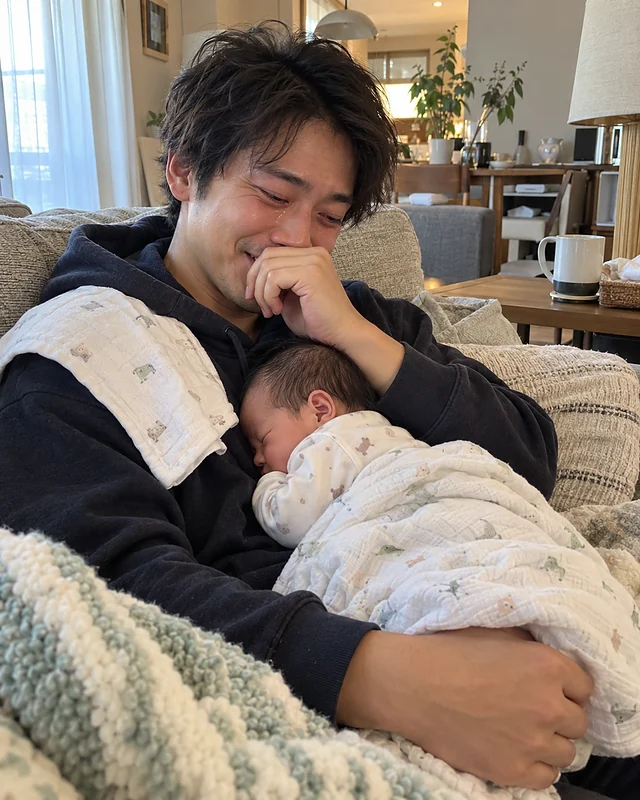 A young father on a sofa covers his mouth with wet eyes, a sleeping newborn tucked against his chest (AI photo, fictional people)