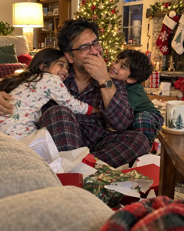 A father in flannel pajamas sits by the Christmas tree covering his face and laughing while two kids hug him from both sides (AI photo, fictional people)