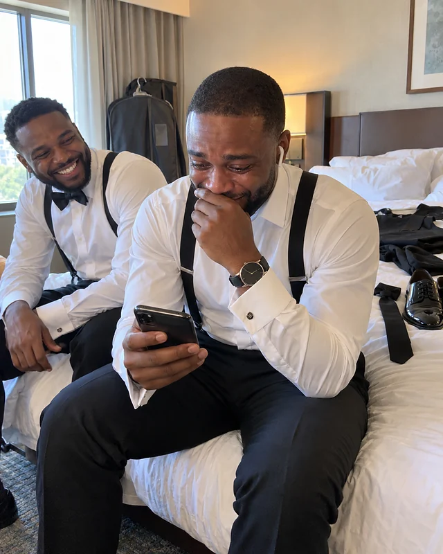 A groom in a white shirt and suspenders sits on a hotel bed with one earbud in, laughing behind his hand with a phone in the other, while his best man grins beside him (AI photo, fictional people)