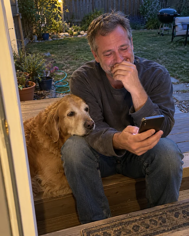 A man around fifty sits on the back steps holding a phone, laughing with a hand over his mouth, an old golden dog leaning against him (AI photo, fictional person)