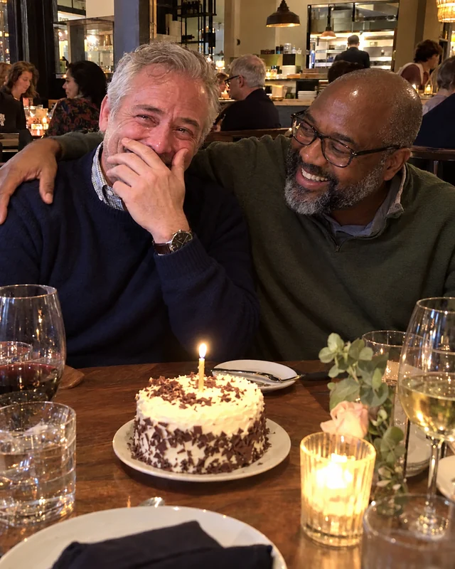 A man turning fifty laughs with a hand over his mouth at a restaurant table while his husband leans in with an arm around his shoulders (AI photo, fictional people)