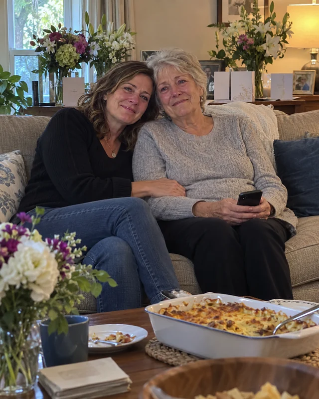 A woman in her forties rests her head on her mother's shoulder on a sofa after the memorial service, both smiling softly, the mother holding a phone (AI photo, fictional people)