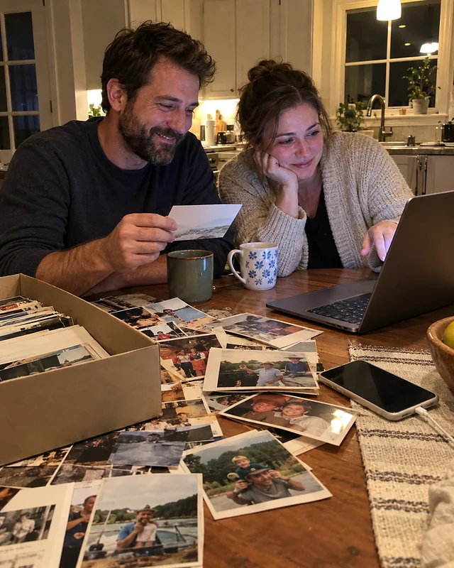 A brother and sister at a kitchen table at night with a laptop and loose old photographs, the sister pointing at the screen (AI photo, fictional people)