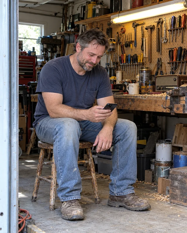 A man in his forties sits on an old stool in a cluttered garage workshop, looking at his phone with a small smile (AI photo, fictional person)