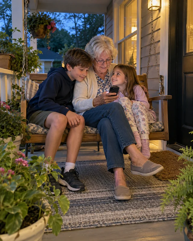 A grandmother on a porch swing plays a song on her phone for two grandchildren leaning in to listen (AI photo, fictional people)