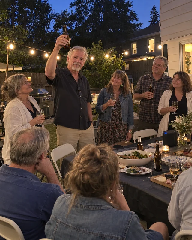 Friends and family stand around a backyard table under string lights, one man raising a bottle in a gentle toast (AI photo, fictional people)