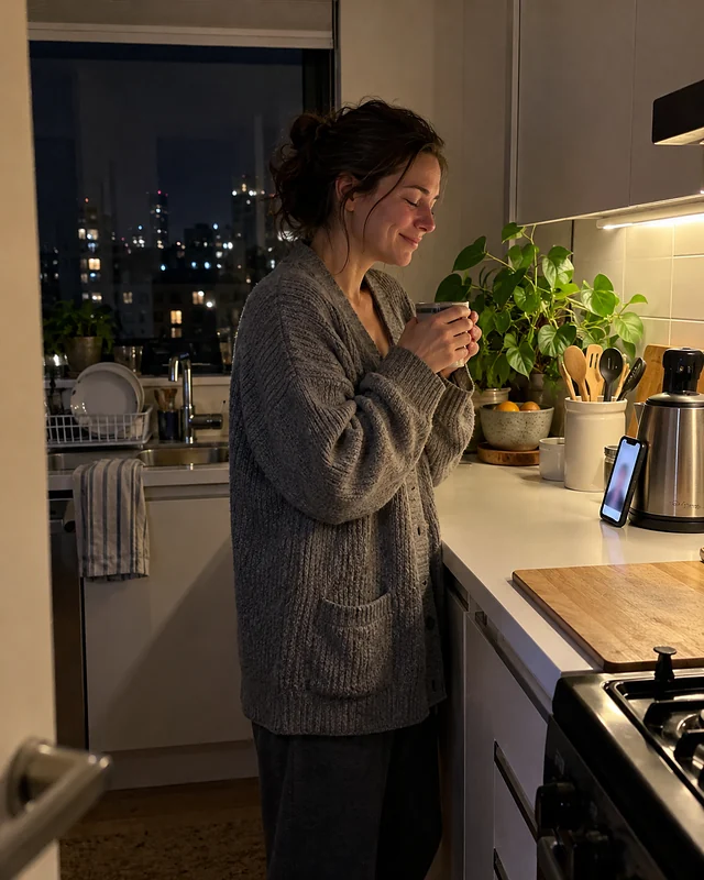 A woman in her thirties in an oversized gray cardigan stands in a small kitchen at night holding a mug, eyes closed, a phone propped by the kettle (AI photo, fictional person)
