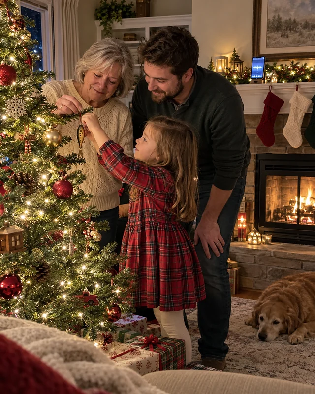 A grandmother, her adult son and a little granddaughter hang a small wooden ornament on a Christmas tree together (AI photo, fictional people)