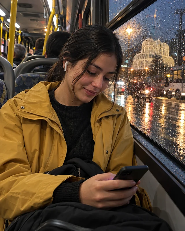 A young woman in a mustard raincoat and headphones smiles down at her phone on a bus, the window covered in raindrops (AI photo, fictional people)