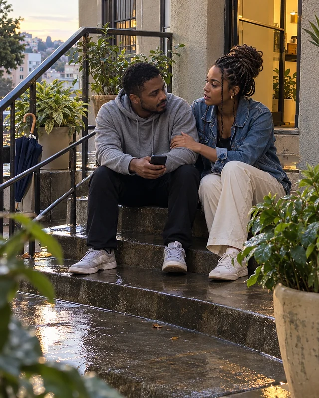 A young couple talks on the wet front steps of a building, he holds his phone and her hand rests on his arm (AI photo, fictional people)