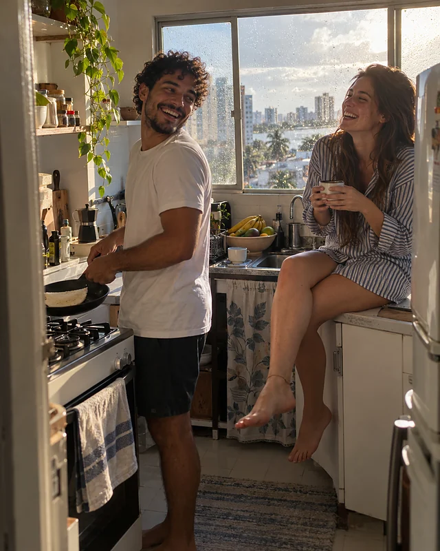 In a kitchen in the morning, a young man flips a pancake in a skillet and laughs over his shoulder while his girlfriend, sitting on the counter with a mug, laughs too (AI photo, fictional people)