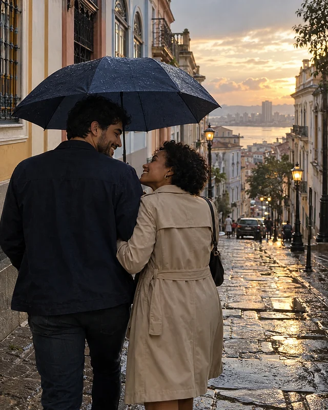 A young couple walks under a dark blue umbrella on a wet cobblestone sidewalk, she leans on his arm, smiling, and the sky is clearing at the end of the street (AI photo, fictional people)