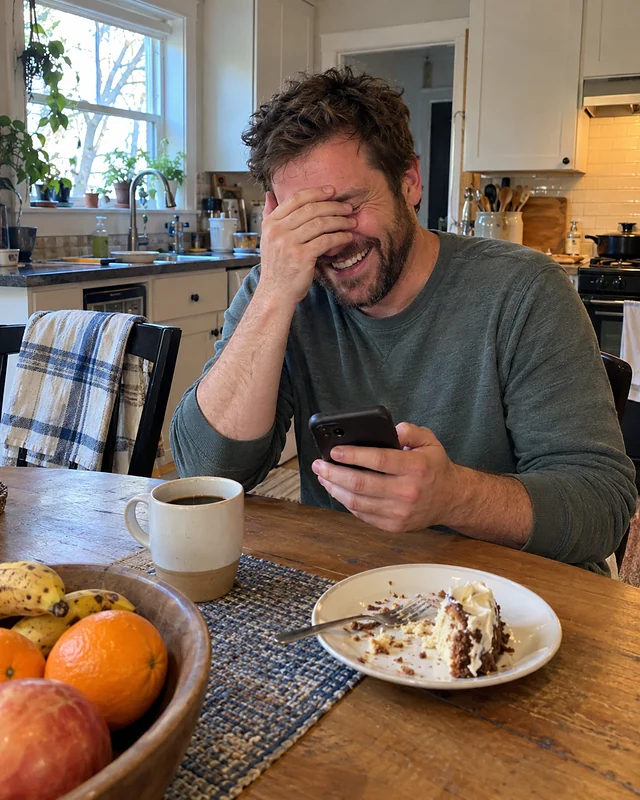 A man in his mid-thirties laughs with a hand over his eyes at the kitchen table, phone in hand, next to a slice of birthday cake (AI photo, fictional person)