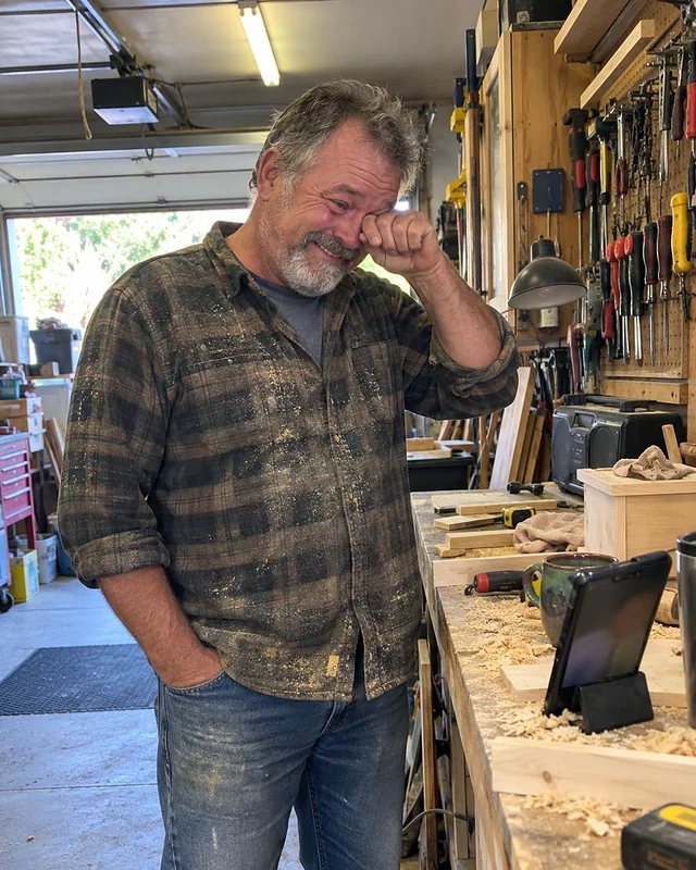 A man in his late fifties in a garage workshop wipes one eye with the back of his hand and smiles, a phone propped on the workbench (AI photo, fictional person)
