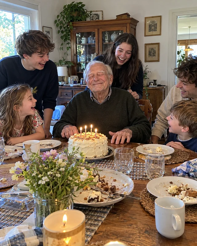 A grandfather around eighty-five taps the table and smiles with his eyes closed at a family lunch while his grandchildren laugh around him (AI photo, fictional people)