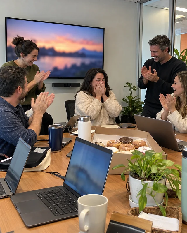 A woman covers her mouth laughing in an office meeting room while coworkers around the table cheer (AI photo, fictional people)