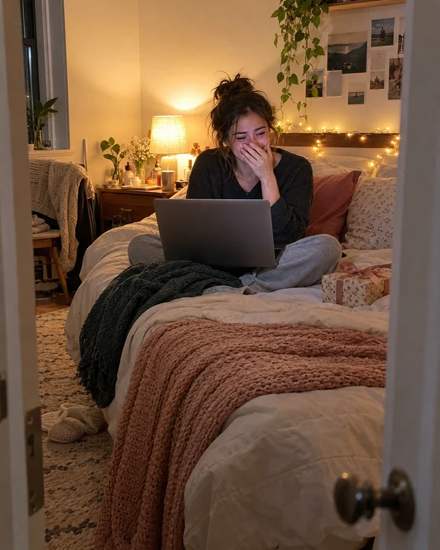 A young woman sits cross-legged on her bed with a laptop on her knees, laughing with happy tears, a small wrapped present beside her (AI photo, fictional person)