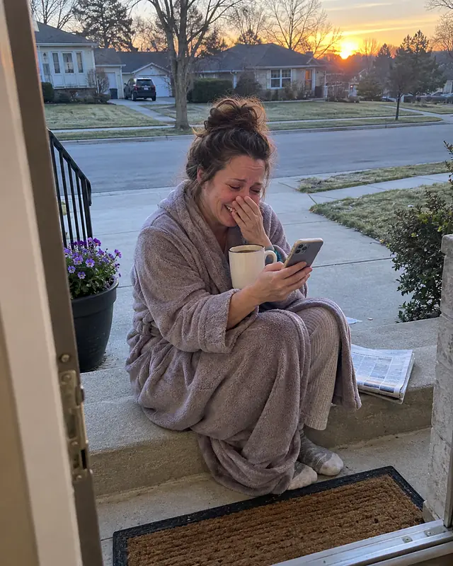 A woman in a dressing gown on her porch steps at sunrise, coffee in one hand, phone in the other, laughing and crying (AI photo, fictional person)