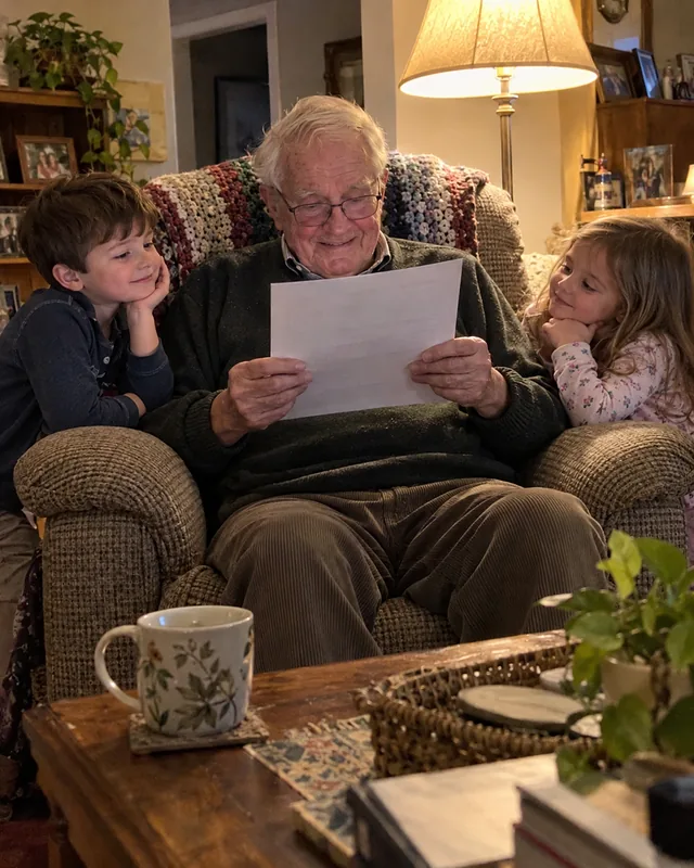 An elderly man in an armchair reading a printed sheet with his glasses on while two grandchildren lean on the armrests (AI photo, fictional people)