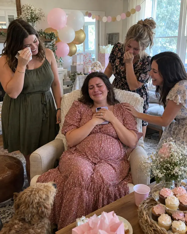 A pregnant woman at a baby shower holding a phone to her chest with her eyes closed while friends around her wipe their eyes (AI photo, fictional people)