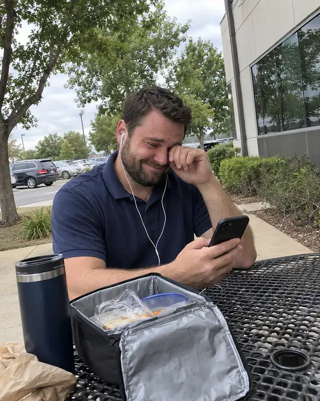 A man in a work polo at an outdoor picnic table with earbuds in, wiping one eye and smiling at his phone (AI photo, fictional person)