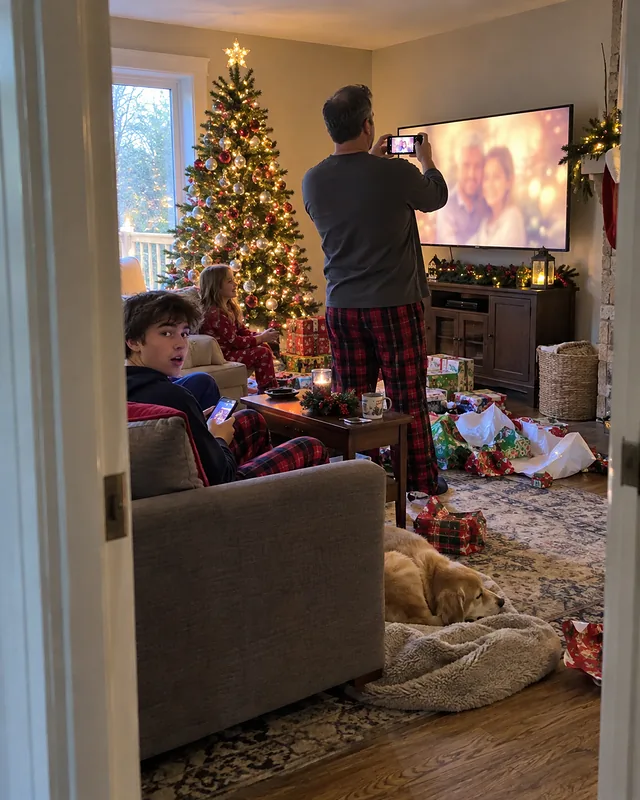 A family in pajamas on Christmas morning, the father filming the TV while a teenage son on the couch looks up surprised (AI photo, fictional people)