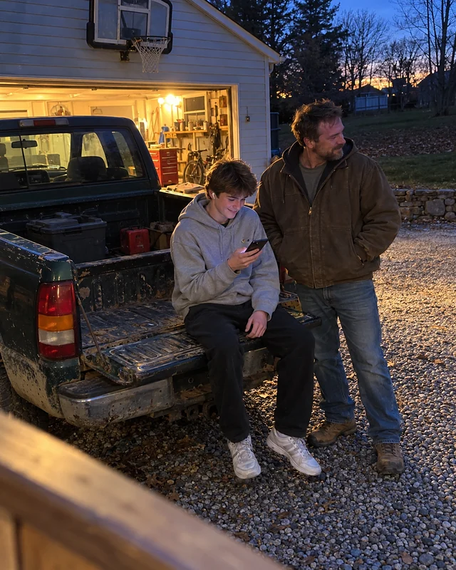 A teenage boy on a pickup tailgate at dusk listening to one earbud with a small surprised smile while his father pretends to look away (AI photo, fictional people)