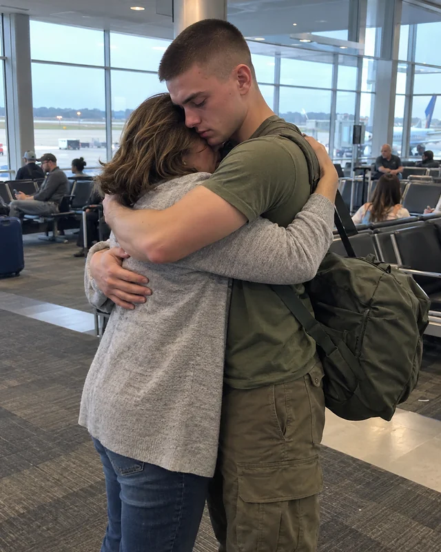 A young man with a very short haircut and a duffel bag hugging his mother tightly in an airport terminal (AI photo, fictional people)