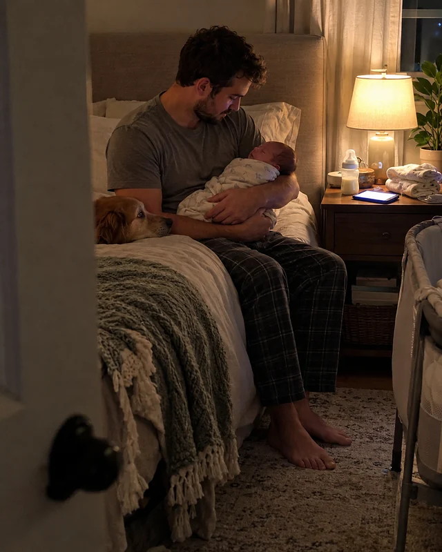A new father sitting on the edge of a bed at night with his sleeping newborn son in one arm, the dog resting its chin on the mattress (AI photo, fictional people)