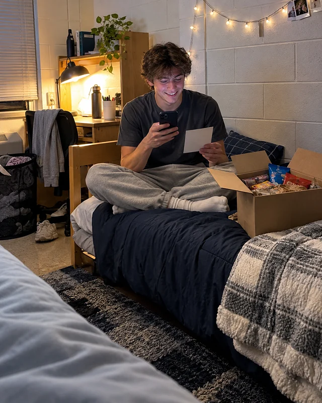 A college freshman sitting cross-legged on a dorm bed with a card in one hand and his phone in the other, an open care package beside him (AI photo, fictional people)