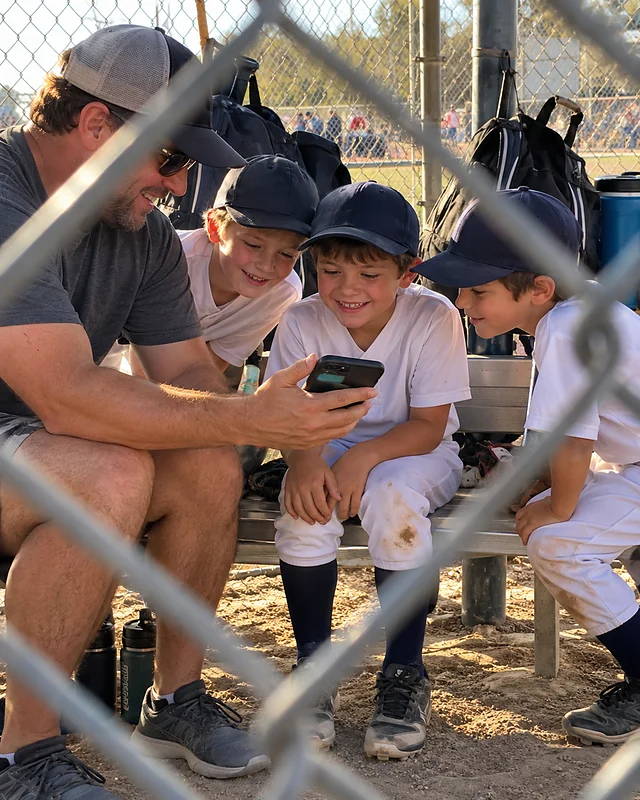 A beaming eight-year-old in a plain baseball uniform on a dugout bench, two teammates leaning in to hear a phone his father holds out (AI photo, fictional people)