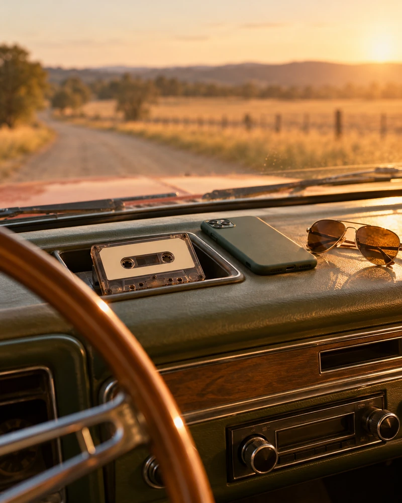 A cassette with a blank label and a phone resting on the sunny dashboard of an old pickup truck, a country road ahead (AI photo)