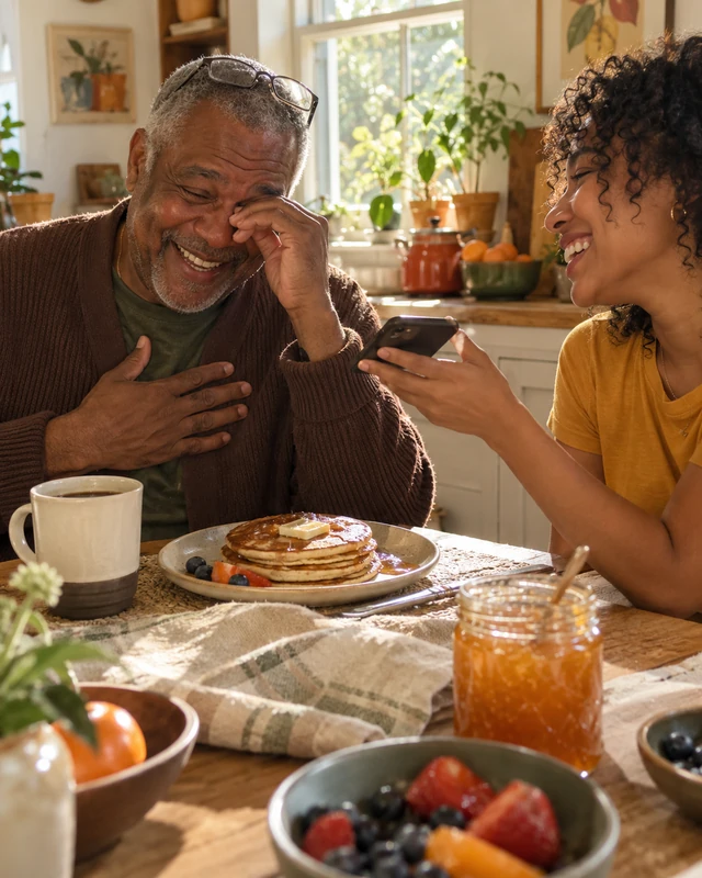 A father in a brown cardigan laughs and wipes one eye at a sunny breakfast table while his adult daughter holds a phone out toward him (AI photo, fictional people)
