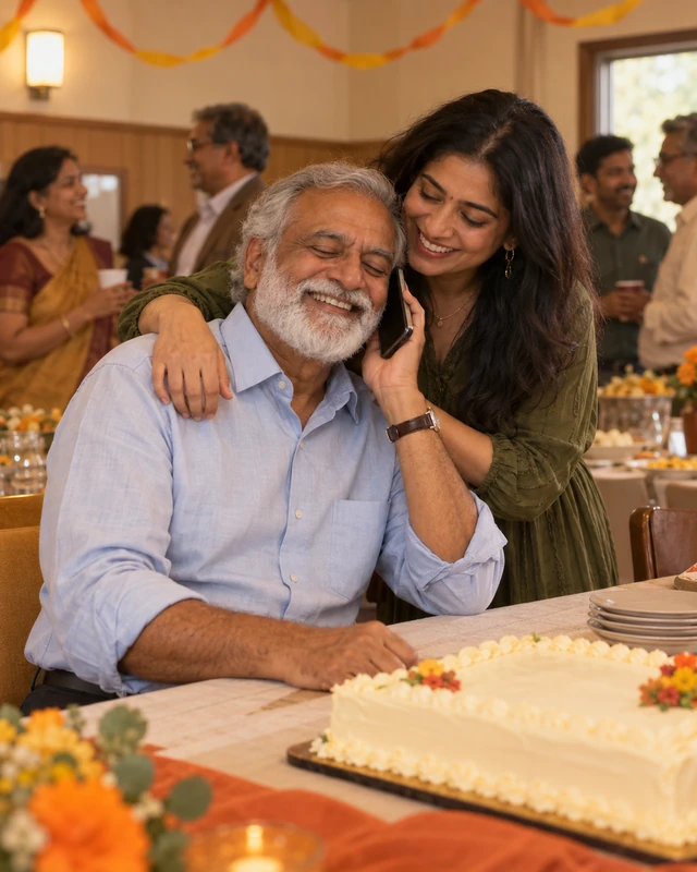 A father with a white beard closes his eyes and grins at his retirement get-together while his adult daughter holds a phone to his ear, a plain sheet cake in front of them (AI photo, fictional people)
