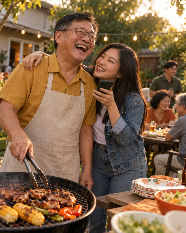 A father in glasses and a canvas apron laughs at the grill holding tongs while his adult daughter hugs him from the side and holds up a phone (AI photo, fictional people)