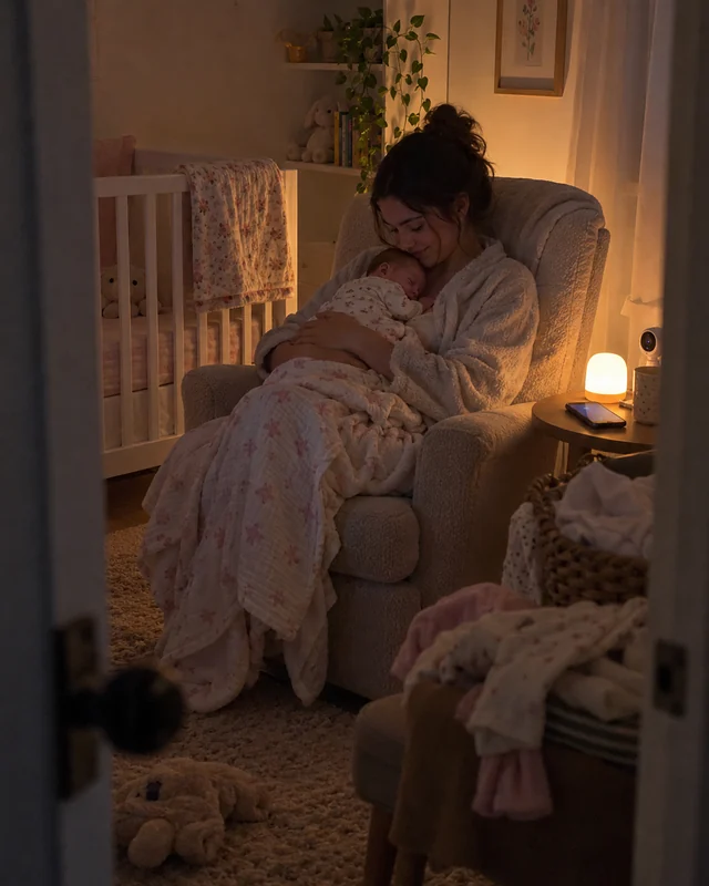 A tired young mother in a robe sits in a nursery armchair at night holding her sleeping newborn daughter against her chest (AI photo, fictional people)