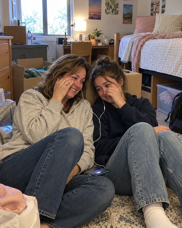 A mother and her college-freshman daughter sit on a dorm-room floor among moving boxes sharing earbuds, both laughing and wiping tears (AI photo, fictional people)