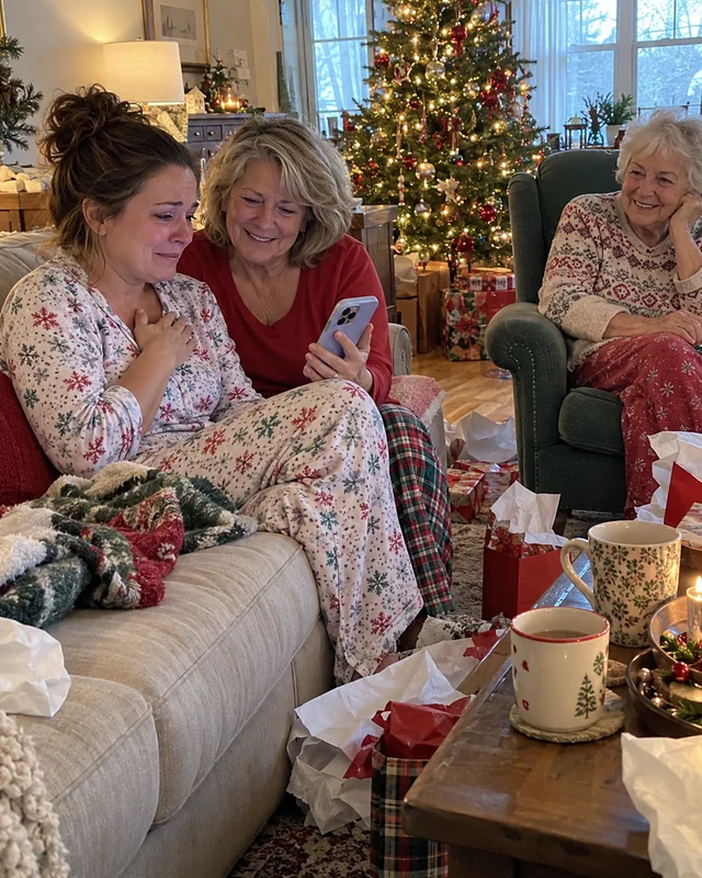 A woman in her late thirties on a sofa on Christmas morning presses a hand to her chest while her mother holds out a phone and a grandmother smiles nearby (AI photo, fictional people)
